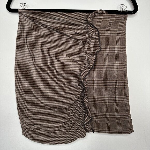 Mango Brown Plaid Checkerboard Mix Fabric Side Ruffle ALine Back Zip Skirt Med - Picture 3 of 11